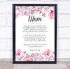 Mothers Day Poem Pink Floral Mum Personalised Gift Art Print