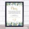 Blue Floral & Gold Mothers Day Poem Nan Personalised Gift Art Print