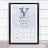 New Baby Birth Details Christening Nursery Blue Initial Y Keepsake Gift Print