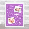 New Baby Birth Details Typographic Doodle 2 Photos Purple Keepsake Gift Print