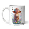Watercolour Floral Cute Highland Cow Name Tea Coffee Cup Gift Personalised Mug