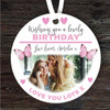 Happy Birthday Pink Butterfly Photo Gift Round Personalised Hanging Ornament