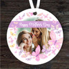 Happy Mother's Day Gift Pink Butterfly Photo Round Personalised Hanging Ornament