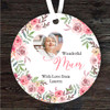 Wonderful Mum Gift Watercolour Pink Floral Round Personalised Hanging Ornament
