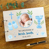 Wood Blue Photo Message Notes Keepsake Christening Guest Book