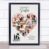 Photo Collage 16th Birthday Gift For Sister 16-Photo Pink Heart Print Or Canvas