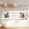 Personalised Party Banner For Engagement Party Welcome Photo White Flowers Gold