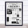 Born In 1941 White Newspaper Birthday Facts Any Year Any Age Personalised Print