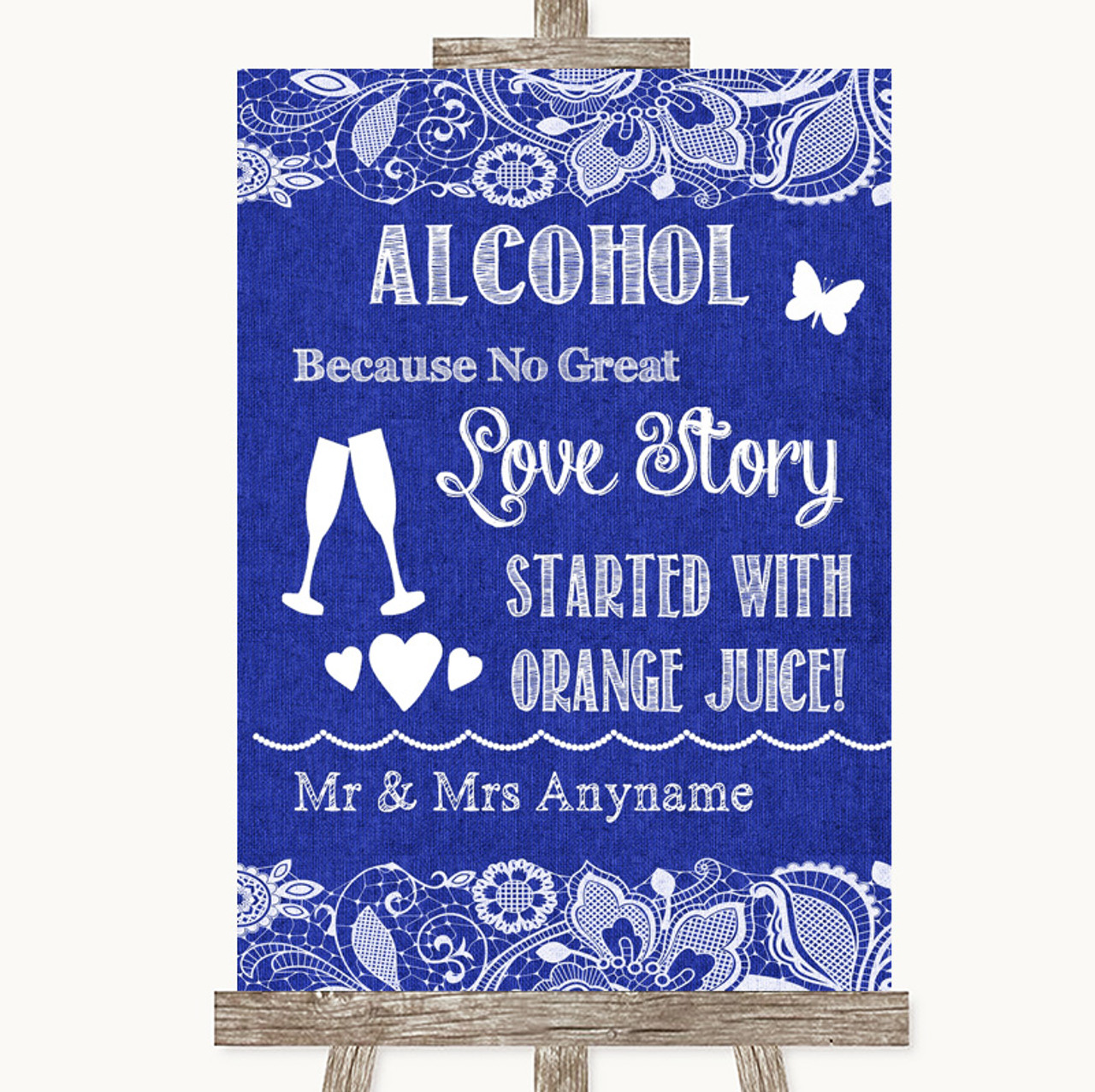 Wedding Sign Poster Print Blue & Gold Alcohol Bar Love Story 