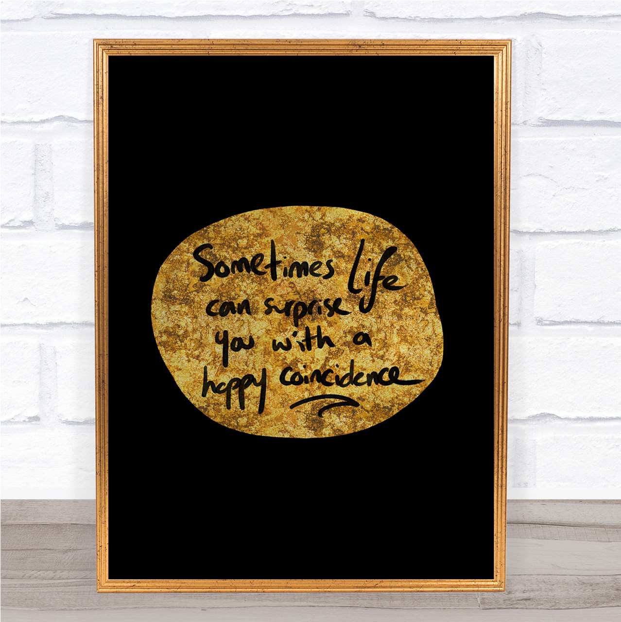 Happy Coincidence Quote Print Black & Gold Wall Art Picture