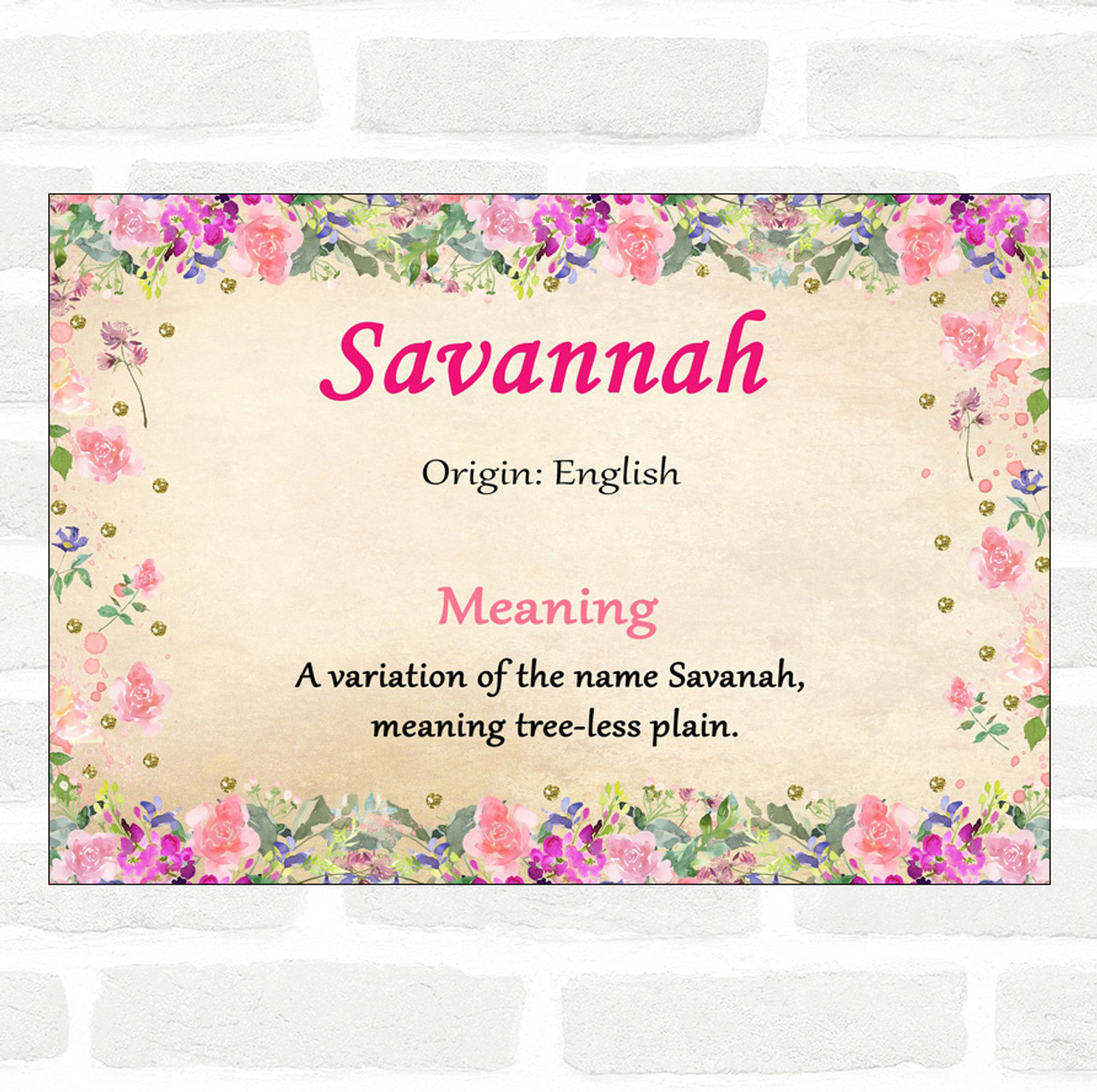 Savannah Name Meaning Floral Certificate - Party Animal Print