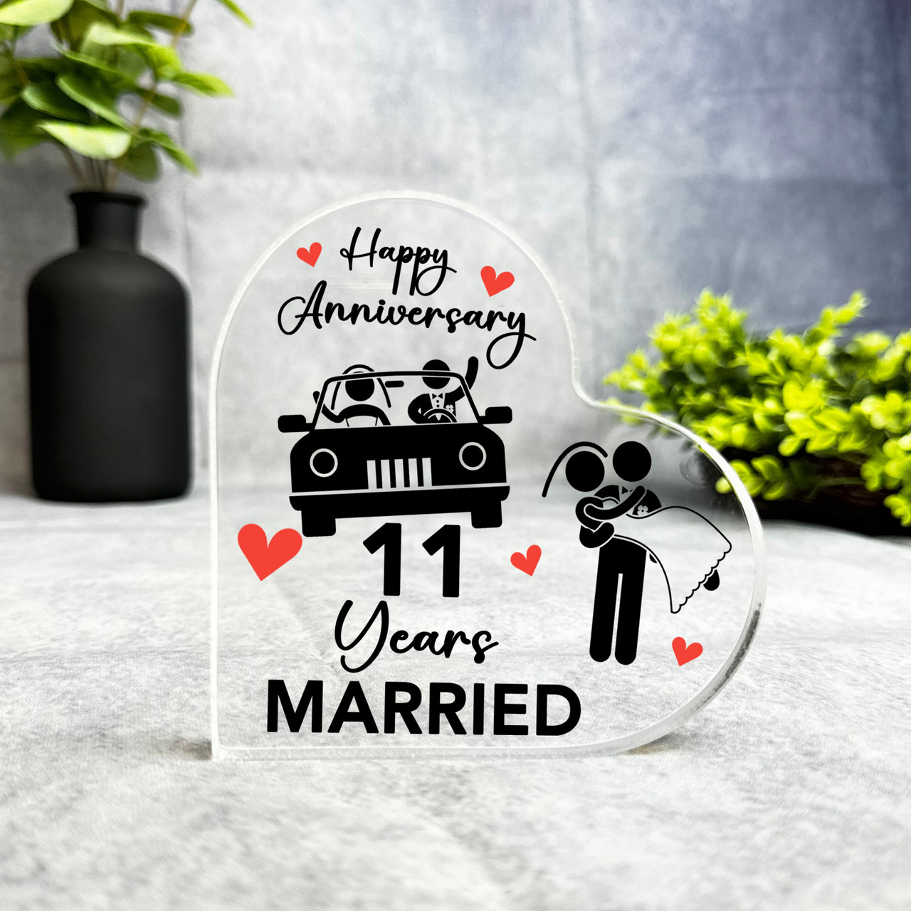 11th Anniversary Gift Wedding Car 11 Years Married Keepsake Side Heart Plaque - Party Animal Print