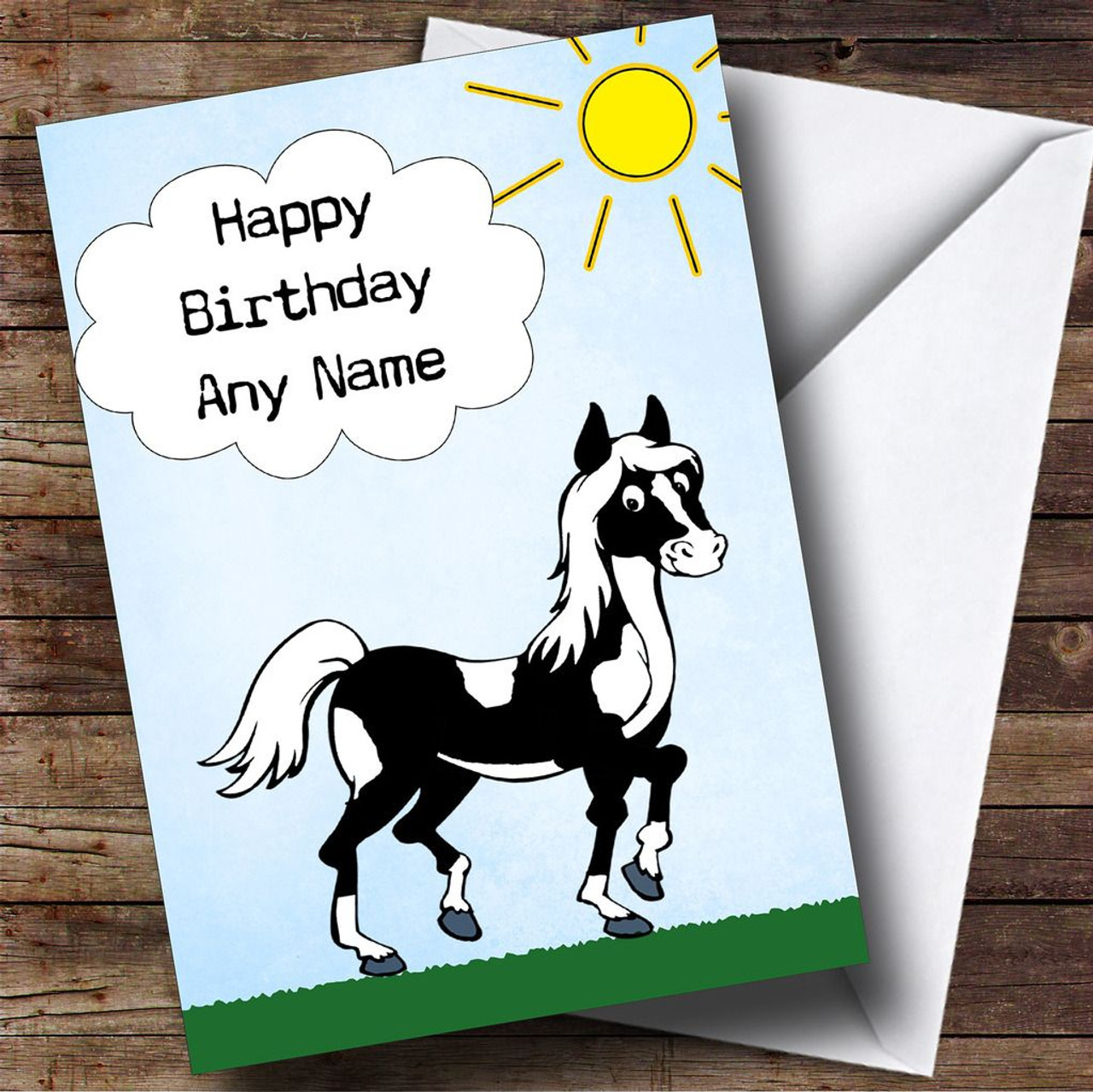 Black And White Piebald Horse Customised Birthday Card - Party Animal Print black-and-white-piebald-horse-customised-birthday-card-party-animal-print