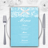 Vintage Aqua Sky Blue Burlap & Lace Personalised Wedding Menu Cards