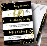 Black & White Stripy Gold Confetti 60th Customised Birthday Party Invitations