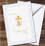 Blue Flowers Golden Cross & Baby Boy Christening Day With Love Personalised Card