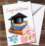 Congratulations Graduation Hat With Books Pink Floral Name Personalised Card