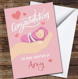 Pink Background Hand Holding New Baby Adoption Personalised Card