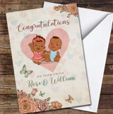 Retro Style Cute Baby Boy & Girl Dark Skin Twins Names Personalised Card