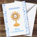 Blue Flowers Blessed Gold Sacrament Fist Holy Communion Personalised Card