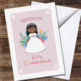 Dark Skin Curly Hair First Holy Communion Girl Personalised Card