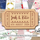 Ticket Style Personalised Wooden Wedding Save The Date Magnets & Backing Cards