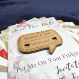 Speech Bubble & Hearts Wooden Wedding Save The Date Magnets & Backing Cards