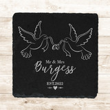 Square Slate Doves Wedding Day Rings Newlyweds Gift Personalised Coaster