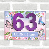 Purple Butterfly Flowers Floral 3D Acrylic House Address Sign Door Number Plaque