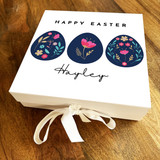 Navy Blue Pink Eggs Happy Easter Personalised Square Keepsake Hamper Gift Box