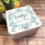 Square Vintage Green Flower Boarder Print Personalised Bits & Bobs Storage Tin