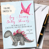 Girls Pink Watercolour Dinosaur Customised Baby Shower Invitations