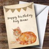 Vintage Burlap Bunting Ginger Cat Customised Birthday Card