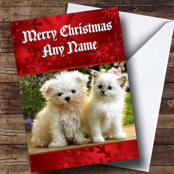 White Puppy And Kitten Customised Christmas Card