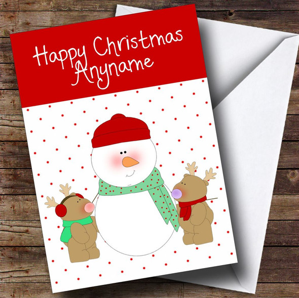 Spotty Snowman & Reindeer Children's Customised Christmas Card