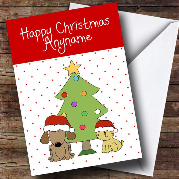 Spotty Dog Cat & Tree Children's Customised Christmas Card