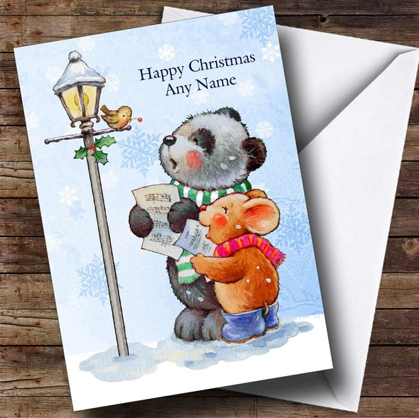 Carol Singing Panda & Mouse Children's Customised Christmas Card