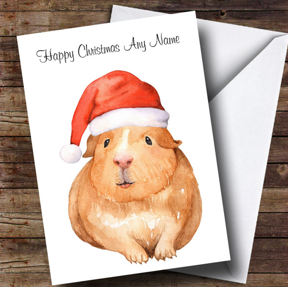 Cute Watercolour Guinea Pig Santa Hat Customised Children's Christmas Card