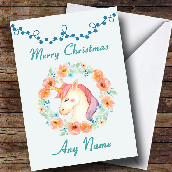 Watercolour Unicorn Wreath Customised Children's Christmas Card