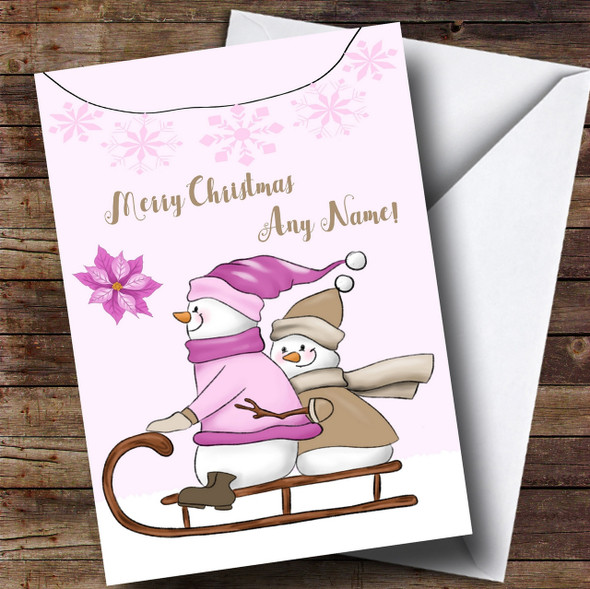 Pink Snowmen On Sleigh Customised Children's Christmas Card