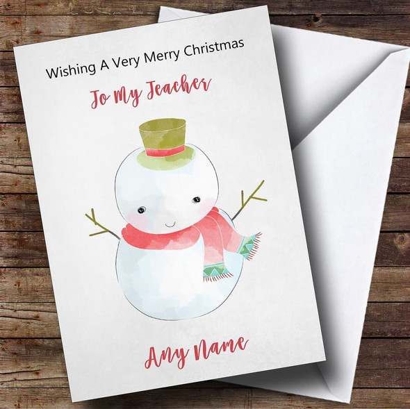 Teacher Doodle Watercolour Snowman Customised Christmas Card