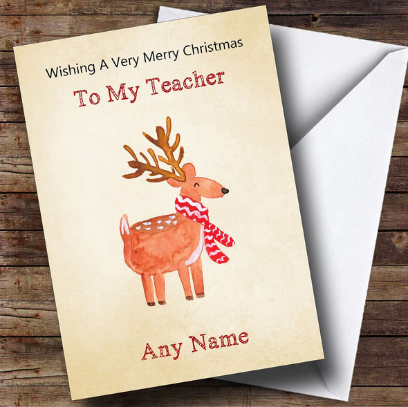 Teacher Cute Watercolour Reindeer Customised Christmas Card