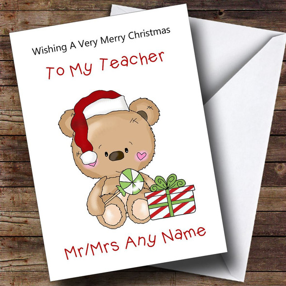 Teacher Cartoon Bear With Present Customised Christmas Card