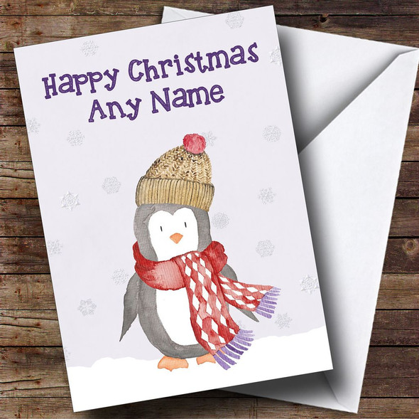 Watercolour Snowy Penguin Customised Christmas Card