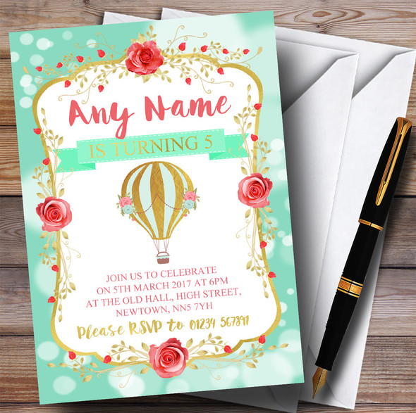 Green & Gold Hot Air Balloon Girls Children's Birthday Party Invitations