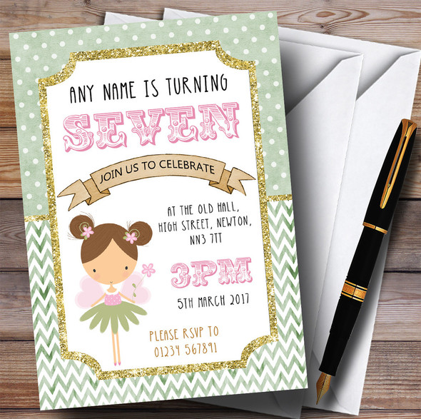 Green Fairy Glitter Gold Girls Children's Birthday Party Invitations