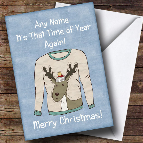 Reindeer Jumper Blue Customised Christmas Card