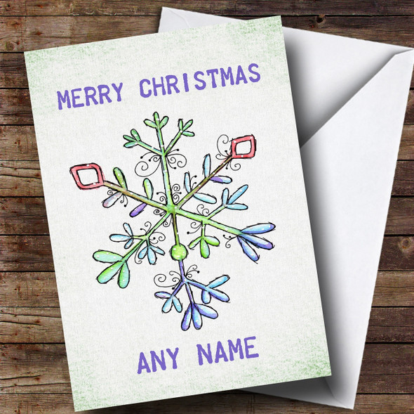 Lilac And Green Watercolour Snowflake Customised Christmas Card
