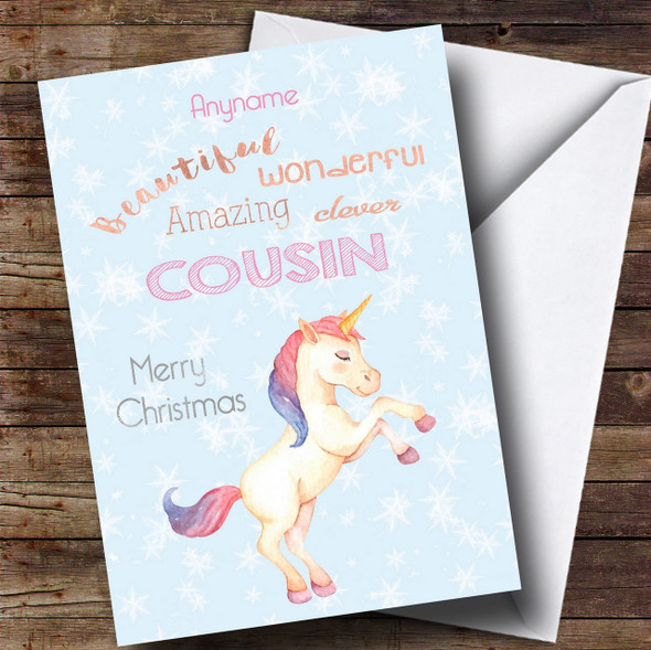 Cousin Snowflakes And Unicorn Customised Christmas Card