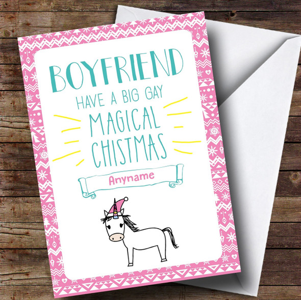 Boyfriend Funny Gay Unicorn Customised Christmas Card